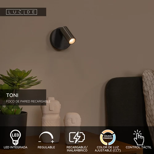 Lucide TONI - Foco de pared / Lámpara de pared Recargable - Batería/acumulador - Ø 8,1 cm - LED Regul. - CCT - 1x2W 2700K/4000K - Magnético - Hierro gris - USP